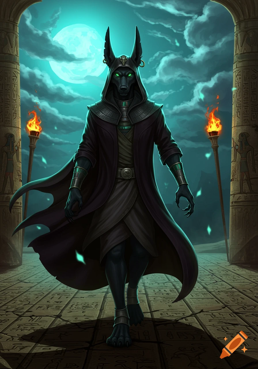 A dark Anubis-like figure with glowing green eyes and a hooded robe walks through moonlit Egyptian ruins.