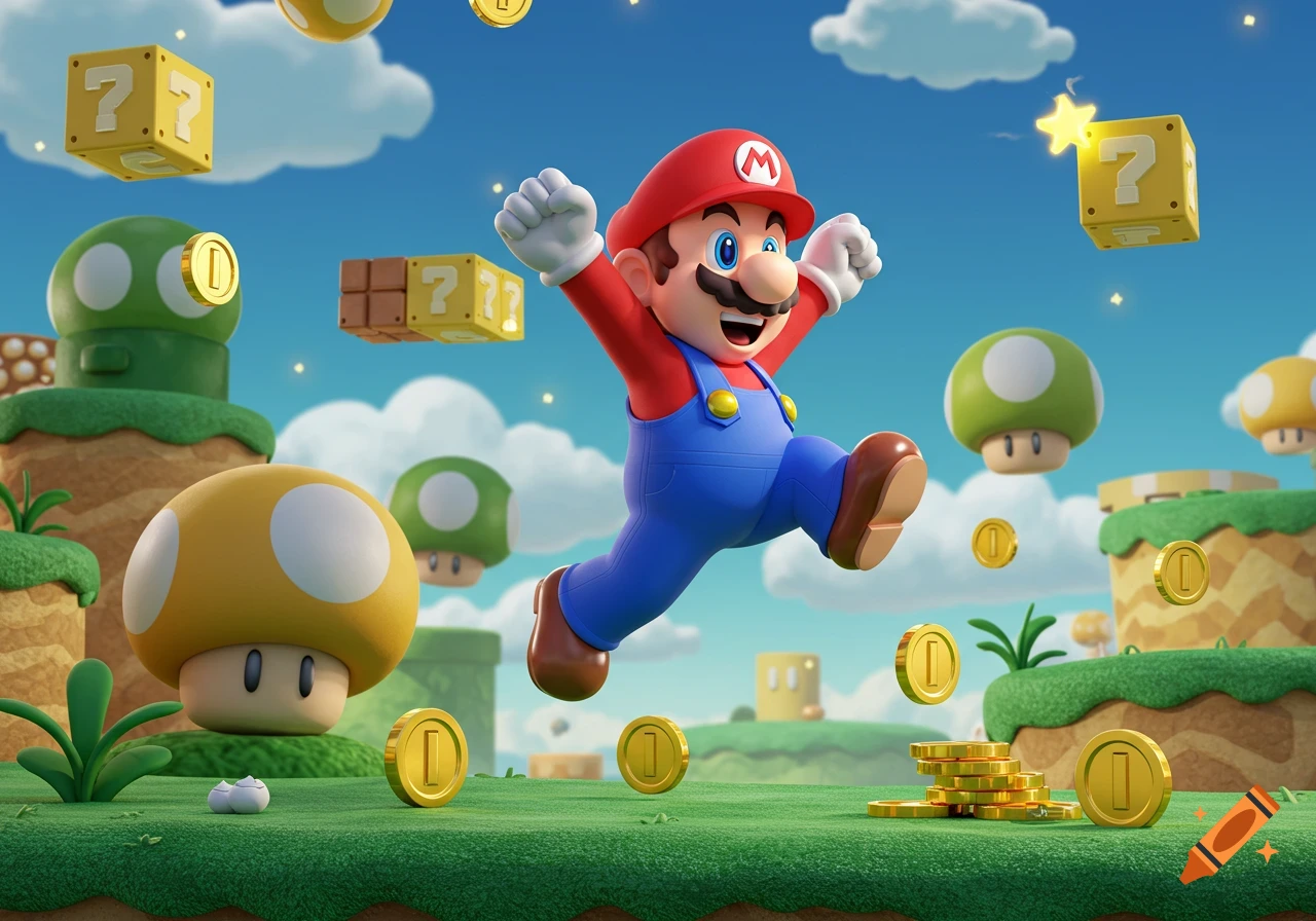 Mario jumps in a vibrant, cartoonish Super Mario landscape with golden coins, mushrooms, and question mark blocks under a blue sky.