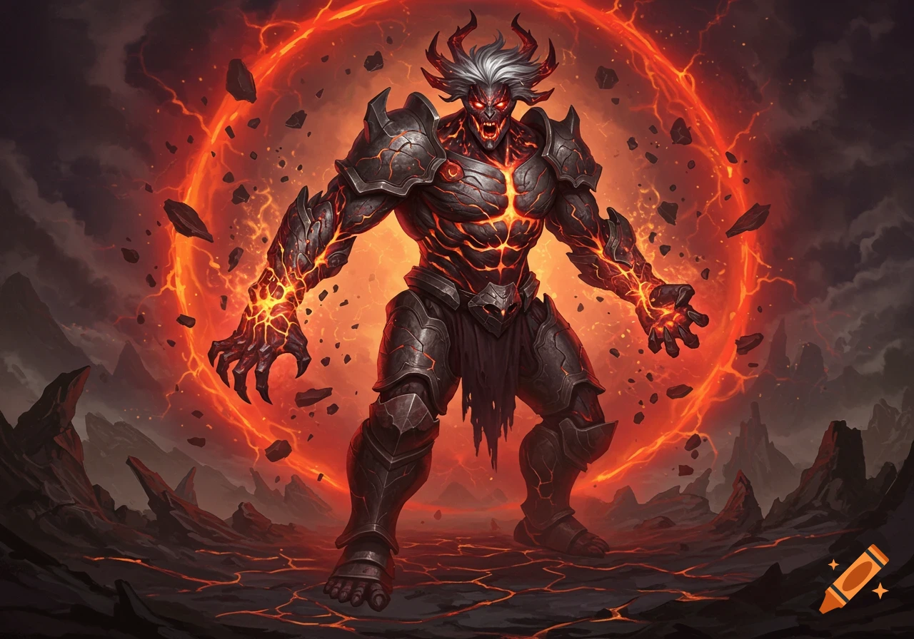 A fierce, armored lava demon with glowing red eyes, horns, and white hair stands in a fiery landscape under a burning ring.