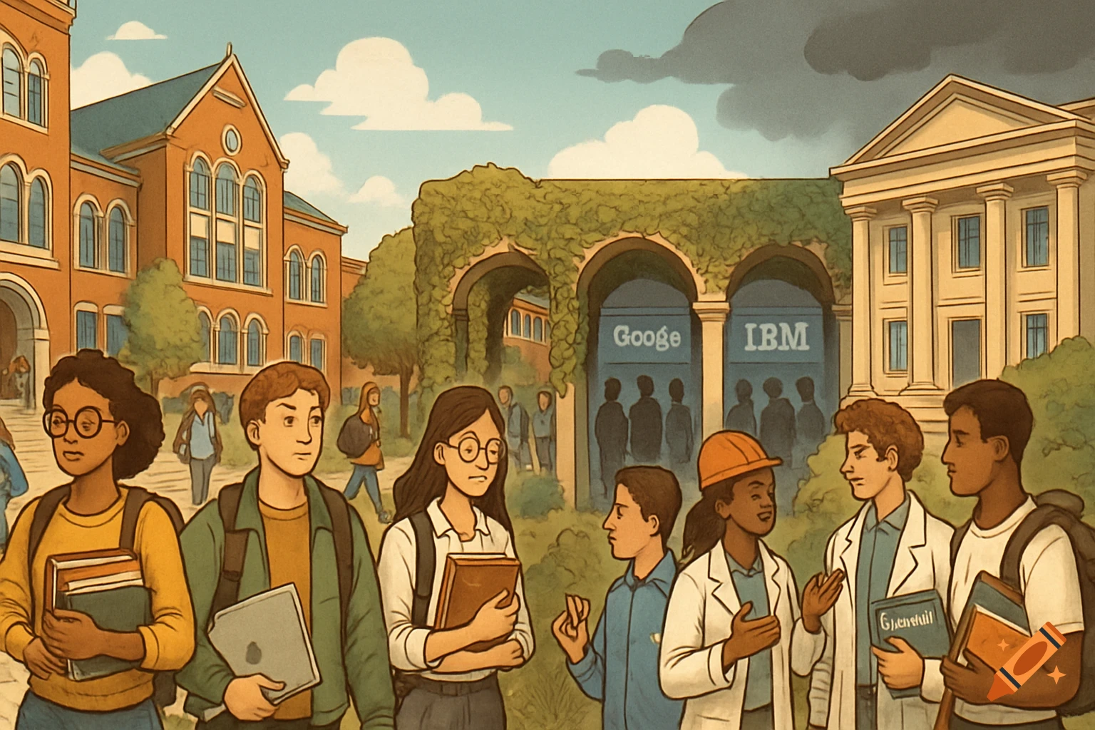 Cartoon illustration of diverse students on a university campus with academic buildings, arched pathways, and signs for "Googe" and "IBM".