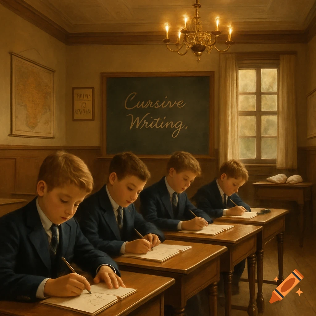 Four young boys in suits practice cursive writing at wooden desks in an ...