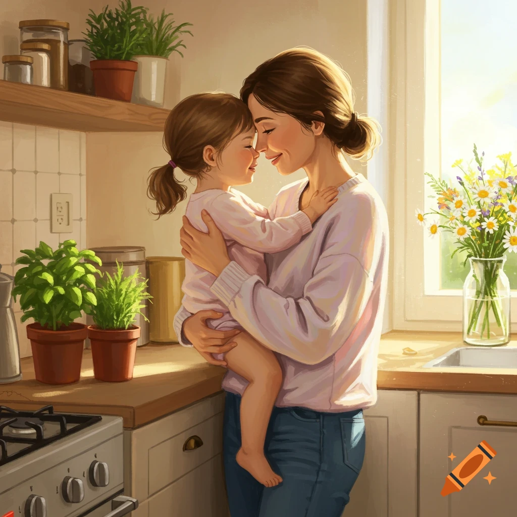 A mother and her young daughter lovingly embrace in a warm, sunlit kitchen, smiling with their faces touching.