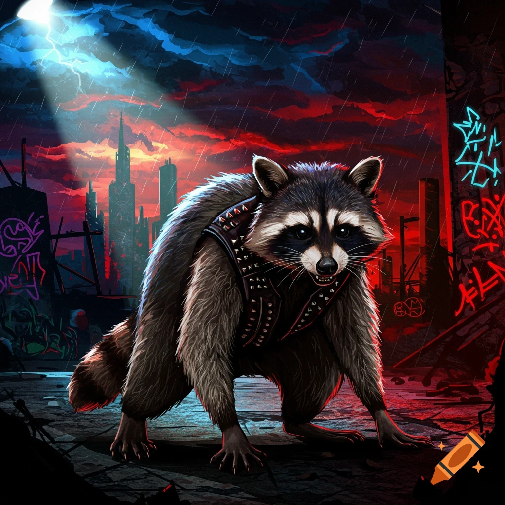 A punk rock raccoon in a studded vest stands in a rainy, neon-lit cyberpunk city with lightning.