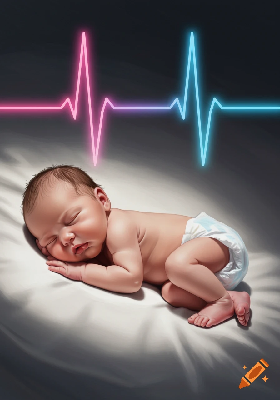 A sleeping newborn baby in a white diaper, lying on its side, with a neon pink and blue heartbeat line glowing above it.