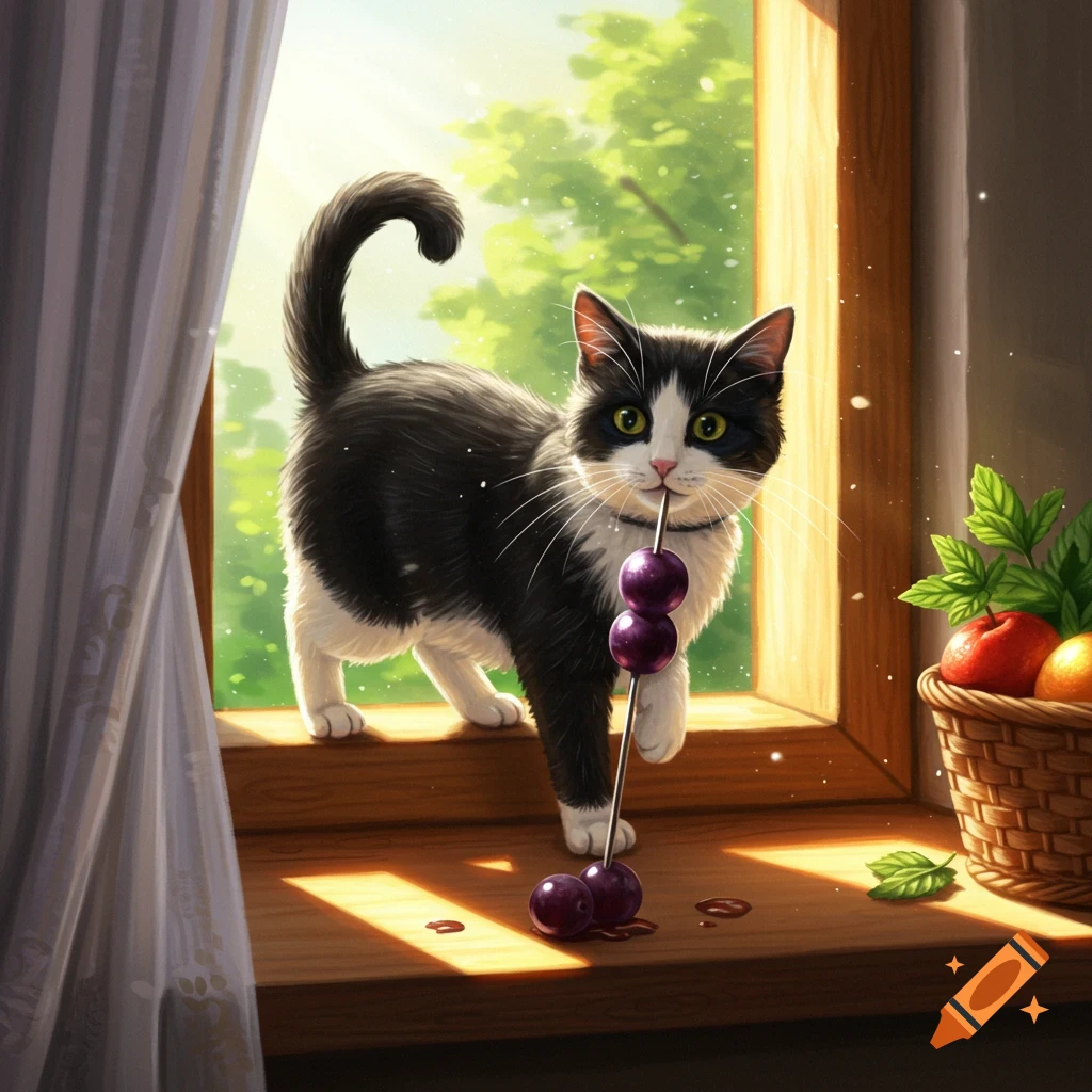 A black and white tuxedo cat stands on a sunlit wooden windowsill, holding a skewer of purple grapes in its mouth. A basket of fruit is on the right.