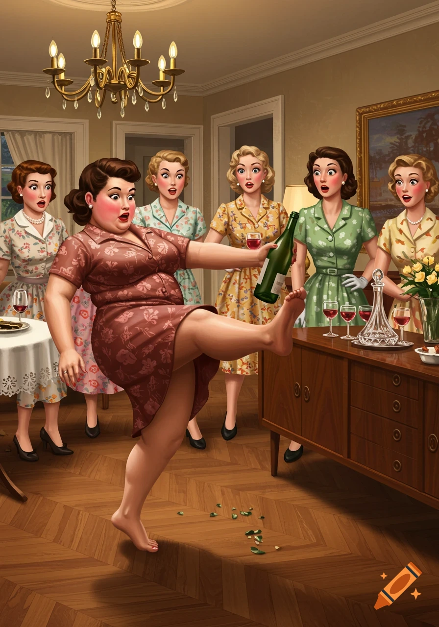 A barefoot 1950s woman in a floral dress kicks a wine bottle, surprising several other women in a retro-styled living room.