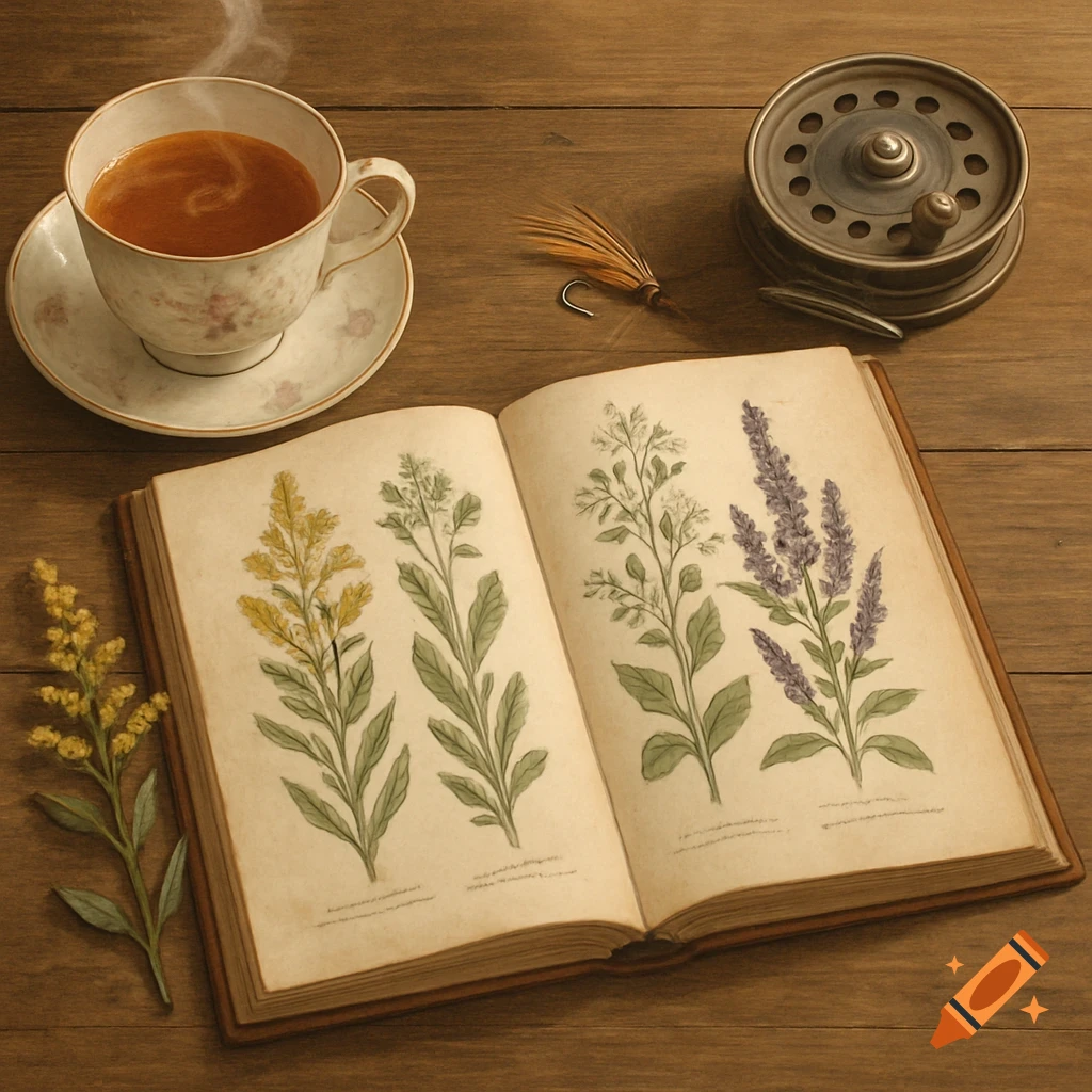 An overhead view of a wooden desktop with an open vintage book showing botanical illustrations, a steaming cup of tea, a sprig of goldenrod, and a fishing reel with a fly lure.