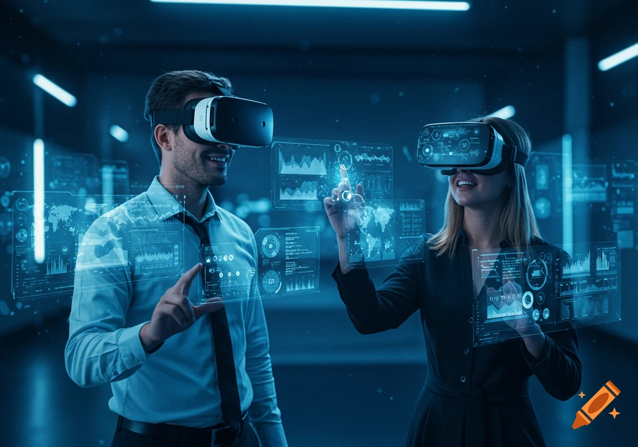 A man and a woman in VR headsets interact with holographic data interfaces in a dark, futuristic room.