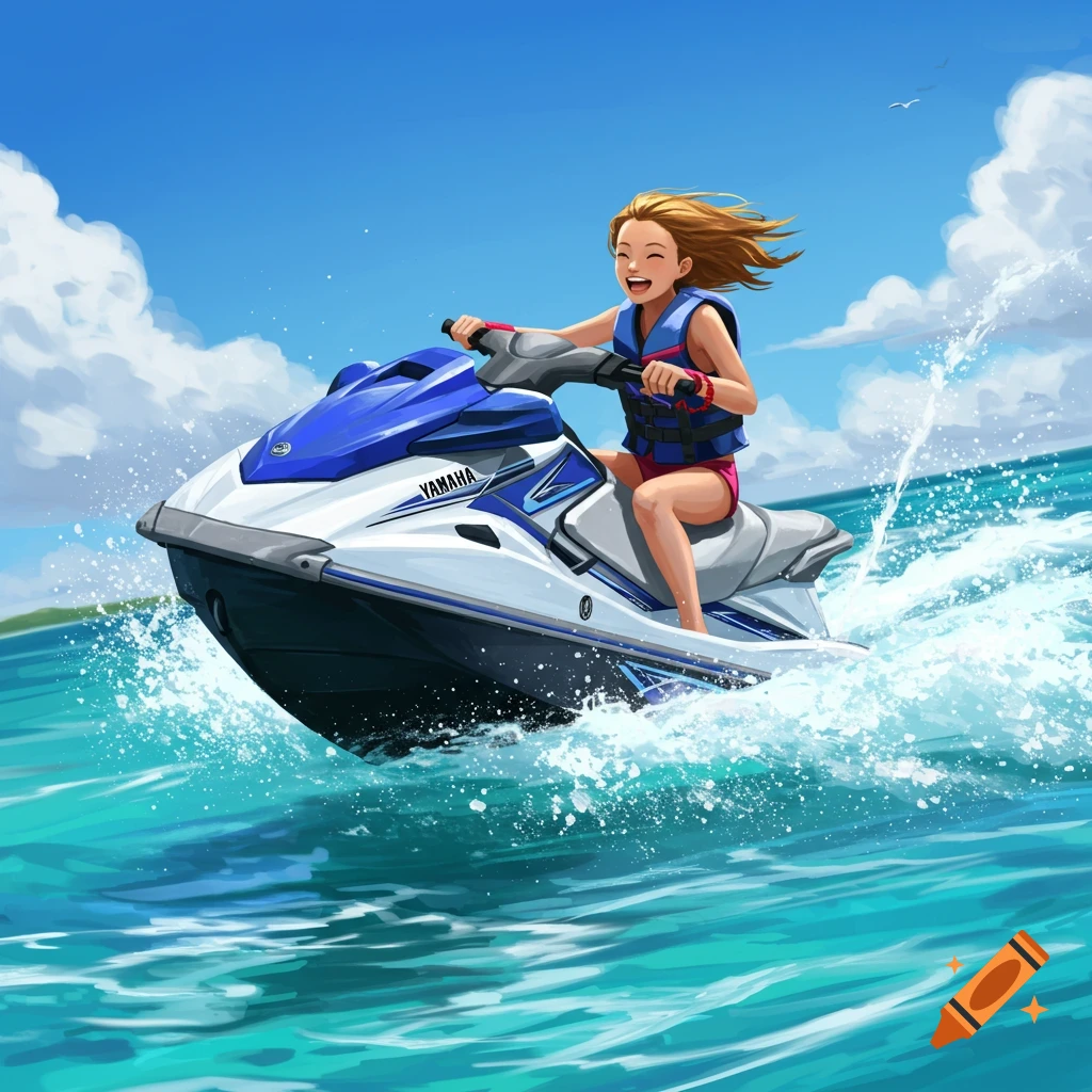 A happy anime girl rides a Yamaha jet ski through blue water, splashing, under a sunny sky.