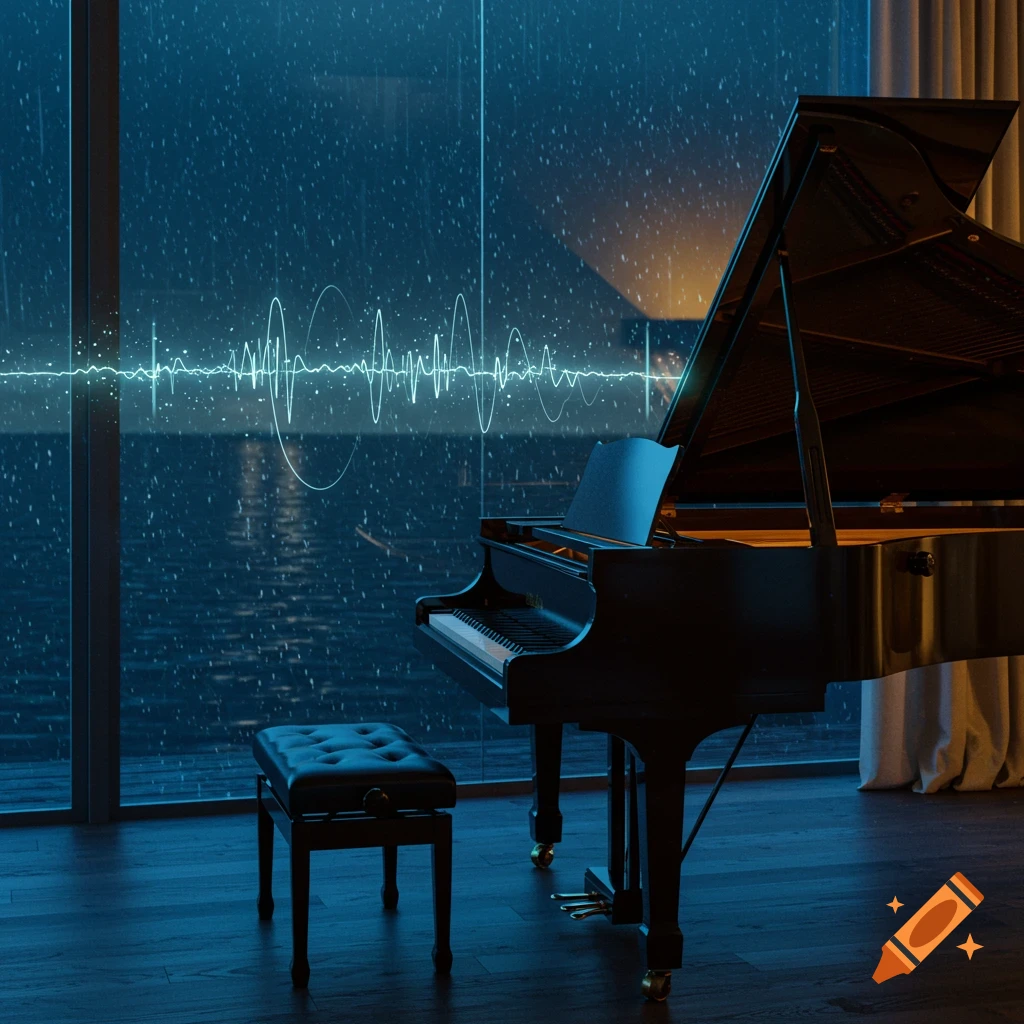 A hyper-realistic grand piano by a window at night, with rain falling and a glowing soundwave visible through the glass.