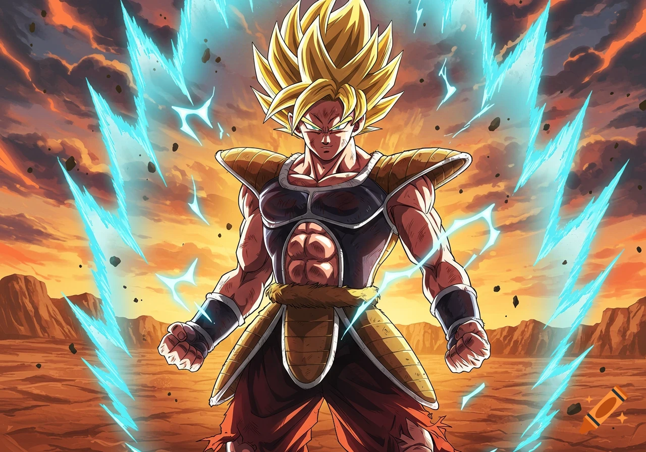 A powerful Super Saiyan character in Saiyan armor with blue energy, standing in a barren landscape under an orange sky.