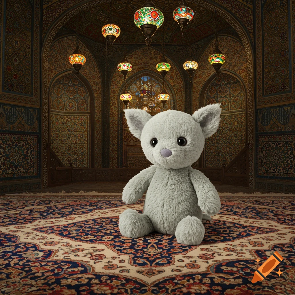 A fluffy gray plush toy with big ears sits on an ornate patterned rug in a richly decorated Ottoman-style room with hanging lanterns.