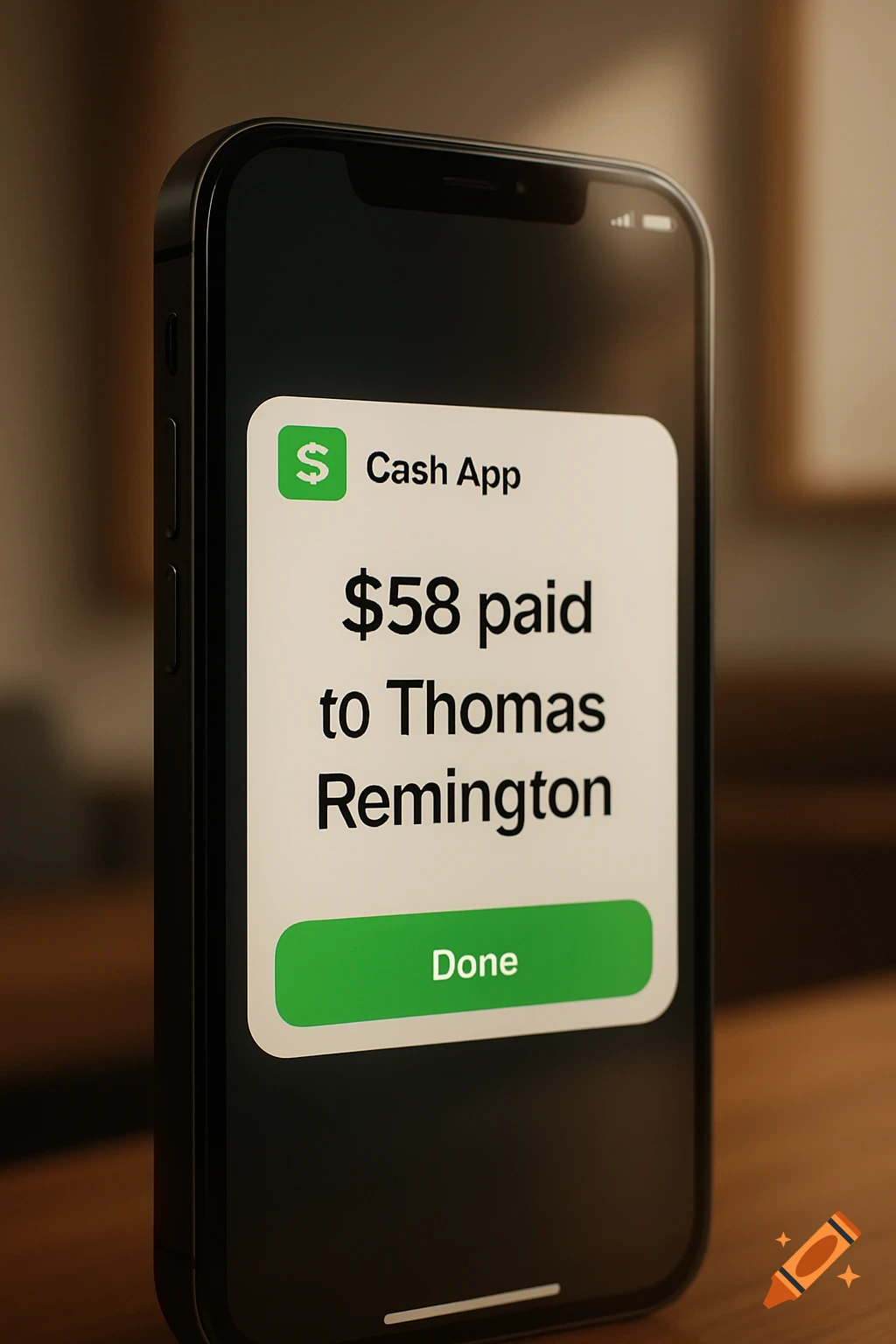 Close-up of a smartphone displaying a Cash App payment screen showing '$58 paid to Thomas Remington'.