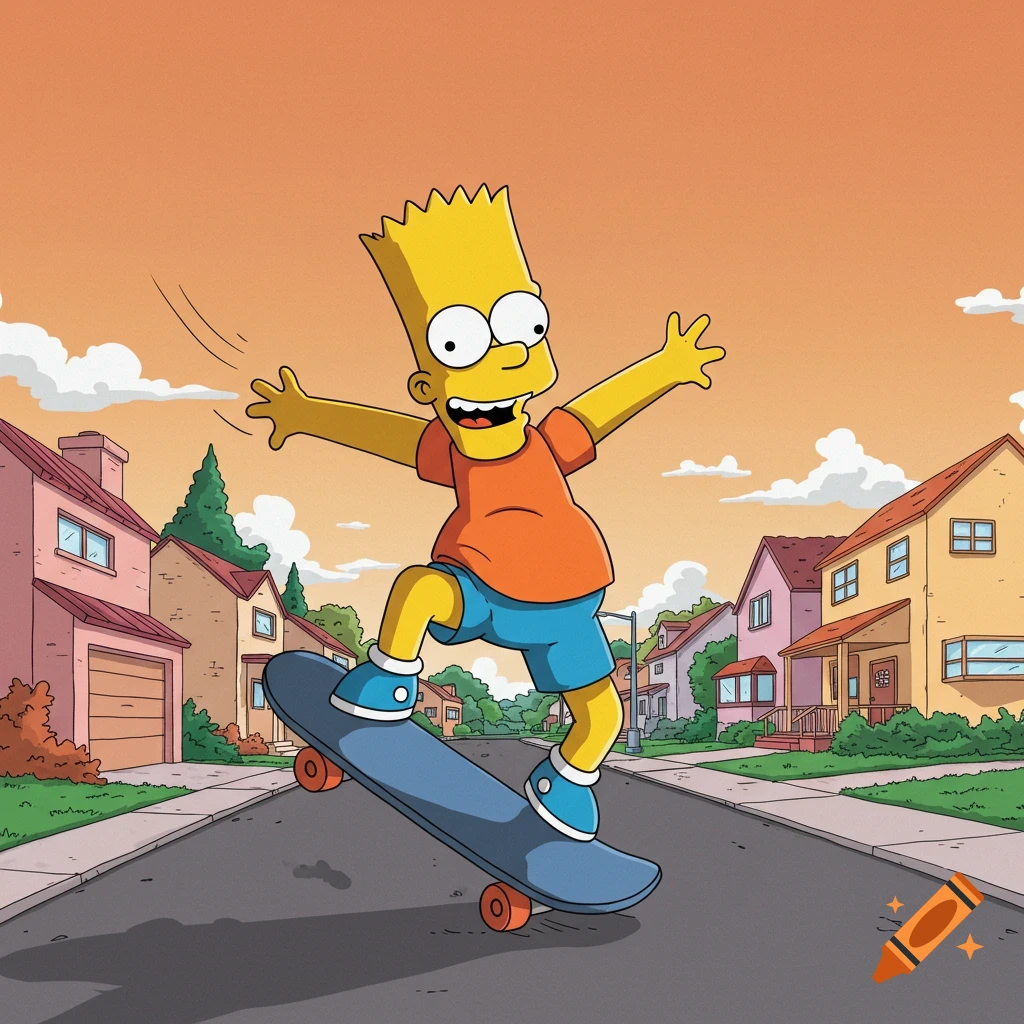 Cartoon Bart Simpson grins, arms wide, riding a skateboard down a suburban street at sunset.