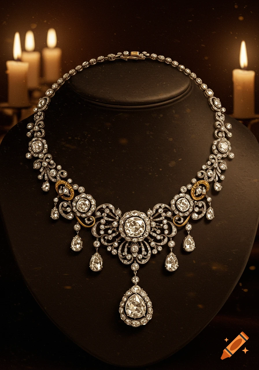 An ornate diamond necklace with a large central pendant and intricate details displayed on a black stand, lit by candles.