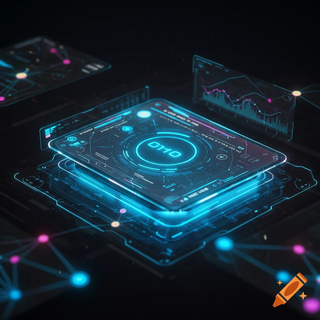 A glowing blue and pink futuristic holographic user interface displays data, graphs, and binary code 0110, interconnected by light trails on a dark background.
