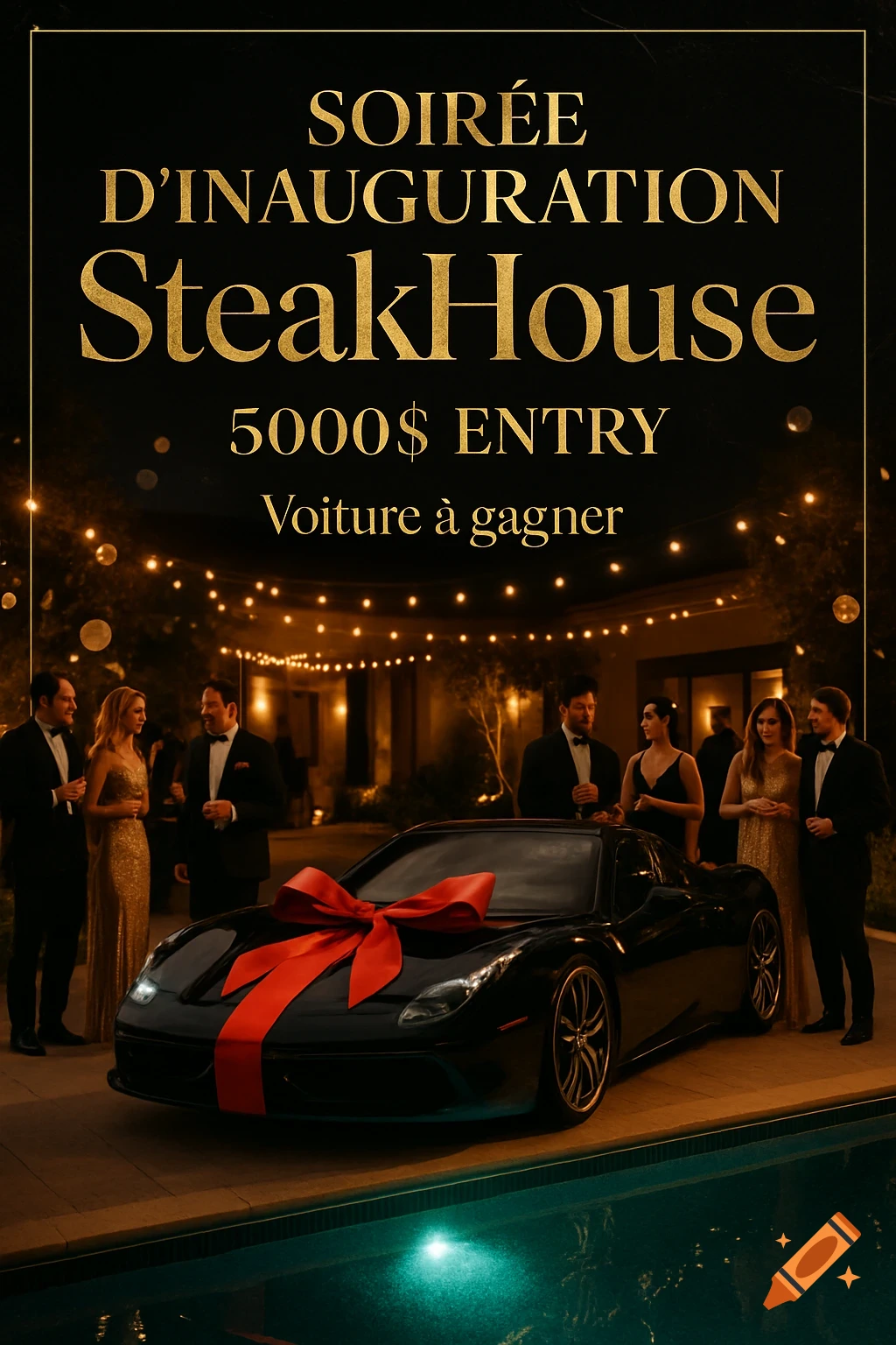 A black luxury sports car with a red bow sits by a pool at a nighttime inauguration event for 'SteakHouse', with well-dressed guests in the background.