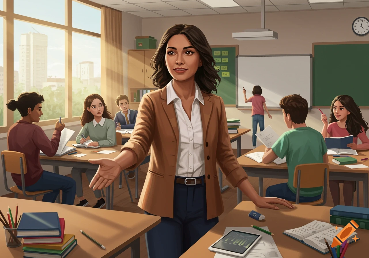 An animated classroom scene with a female teacher in a brown blazer gesturing towards the viewer, surrounded by students studying at desks.