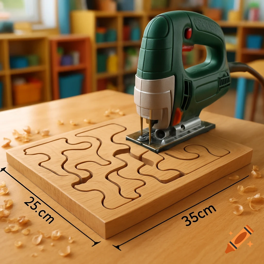 A green jigsaw cuts a wooden puzzle piece from a board on a table, with '25.cm' and '35cm' marked.