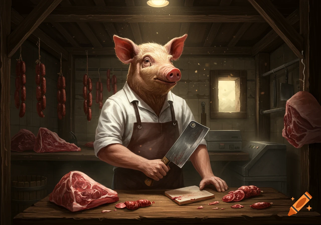 An anthropomorphic pig butcher wearing an apron holds a cleaver in a rustic butcher shop, surrounded by raw meat and sausages.
