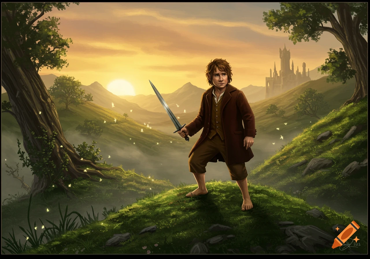 A barefoot man resembling Bilbo Baggins stands on a grassy hill holding a sword, with a sunset, mountains, and a castle in the background in a fantasy art style.