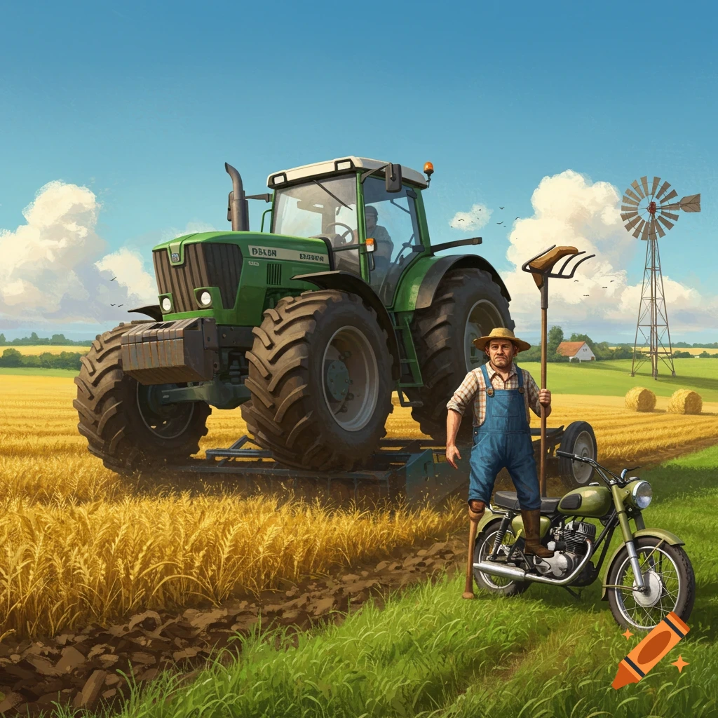 A farmer with a prosthetic leg holds a pitchfork, standing next to a green motorcycle in a wheat field with a large green tractor and windmill under a blue sky.