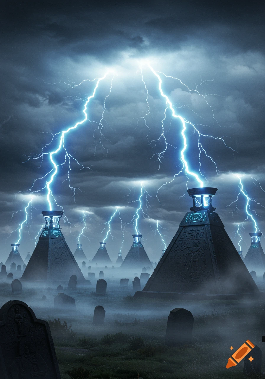 Lightning strikes multiple pyramid-like structures topped with tesla coils in a misty graveyard under dark storm clouds.