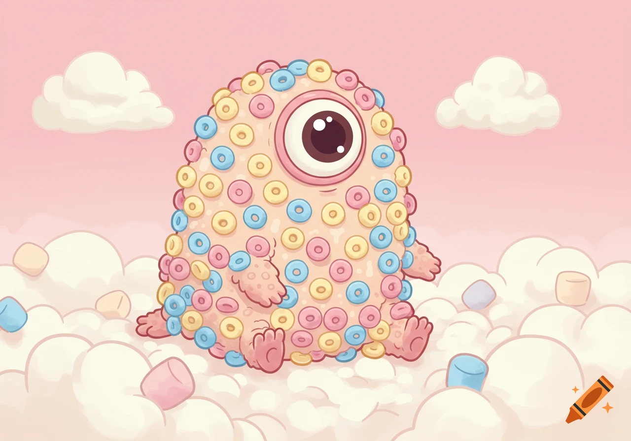 Cute cyclops monster made of pastel cereal loops sits on fluffy clouds with scattered marshmallows, in a vector art style.
