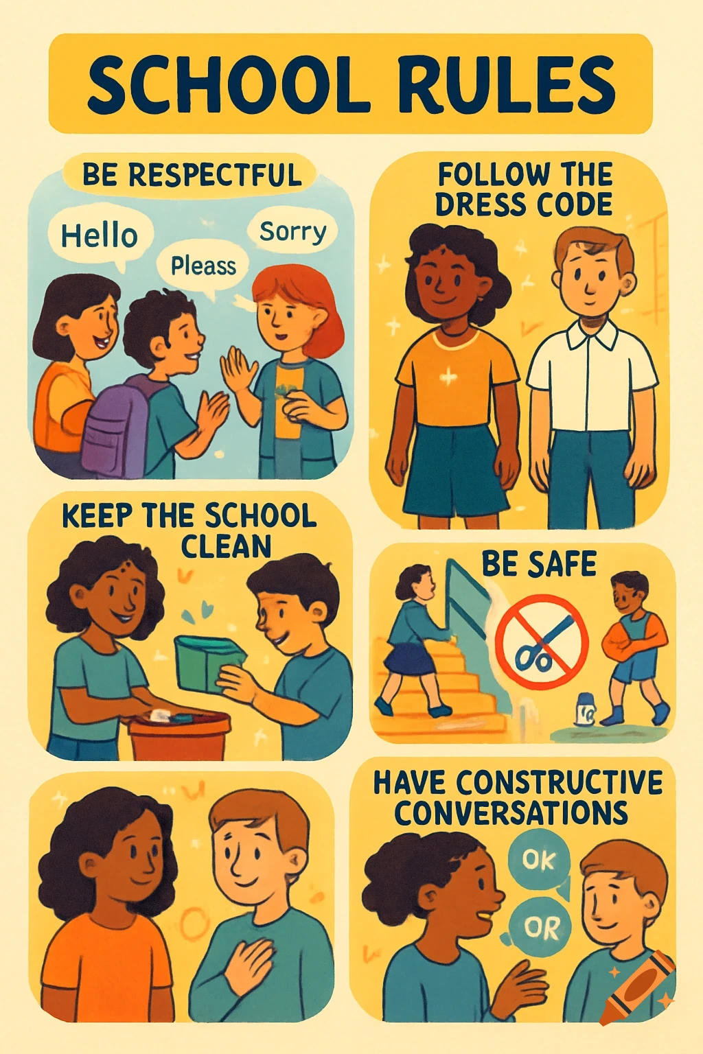 Cartoon poster with five school rules for children: respect, dress code, cleanliness, safety, and constructive conversations.