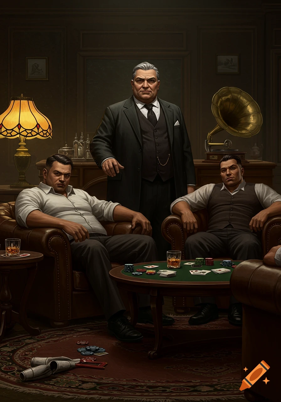 Three stern mobsters in suits and vests relax in leather armchairs around a poker table with drinks in a dimly lit, luxurious room.