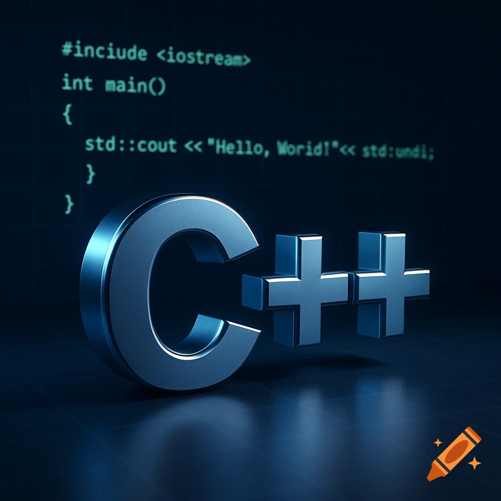 A 3D metallic C++ logo in front of a dark background with blurred C++ code snippets.