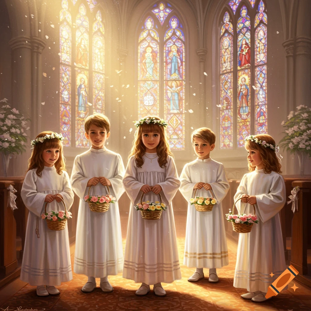 Five children in white robes with flower crowns hold baskets in a sunlit church with stained glass windows during a religious ceremony.