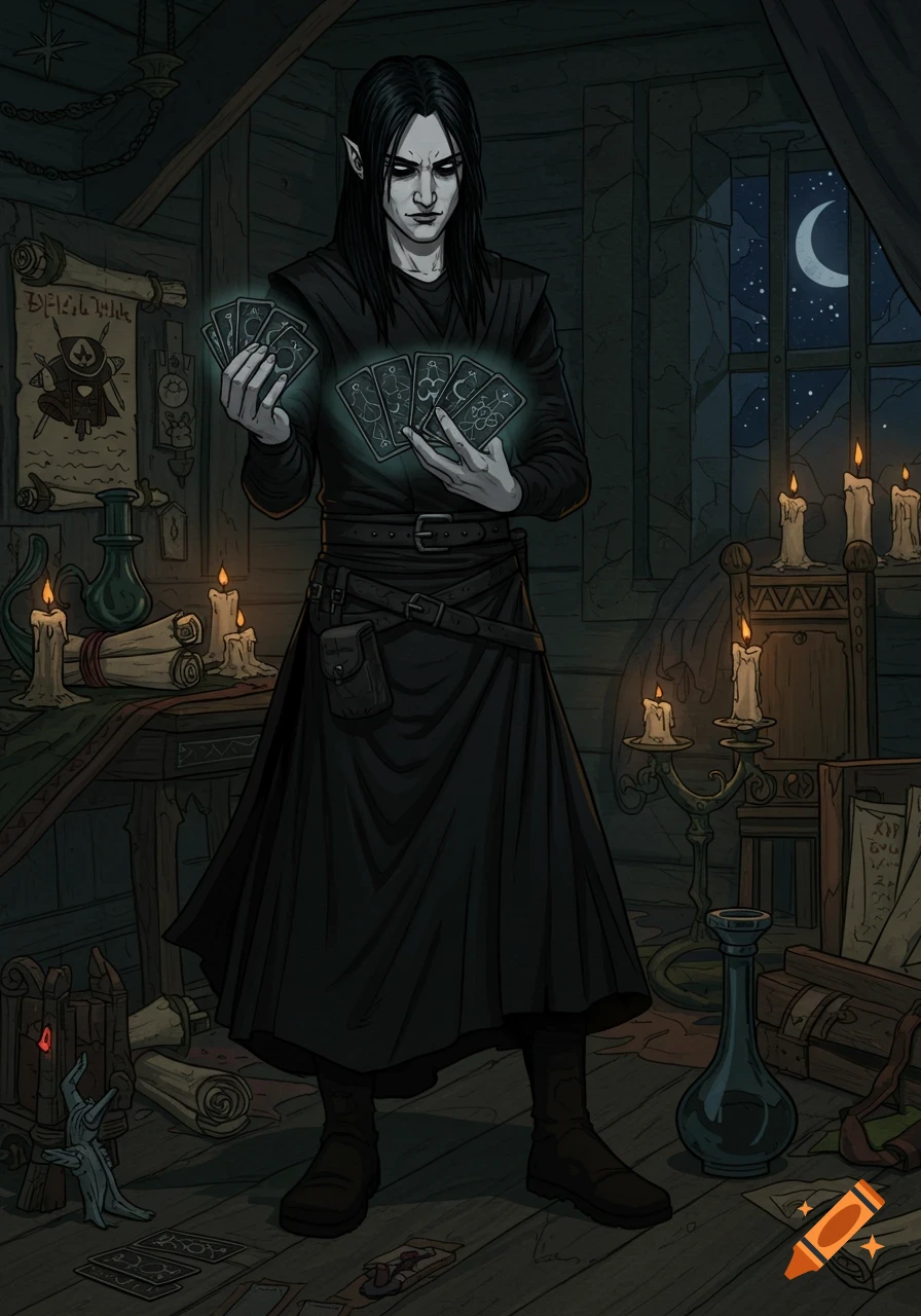 A pale emo figure in a dark room holds glowing tarot cards. The room is lit by candles, with scrolls and a moonlit window, in a DnD art style.