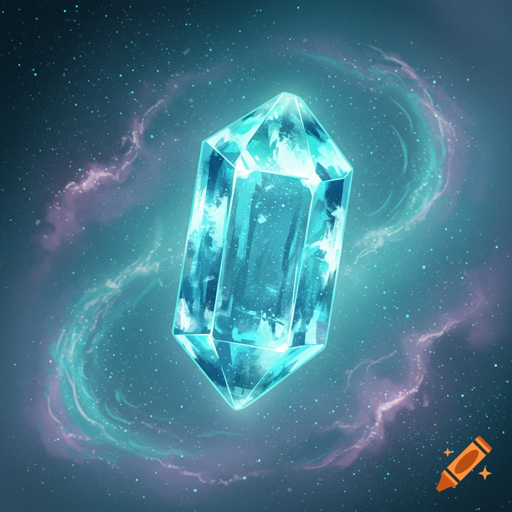 A glowing aquamarine crystal floats in a dark starry space, surrounded by swirling teal and purple nebulae.