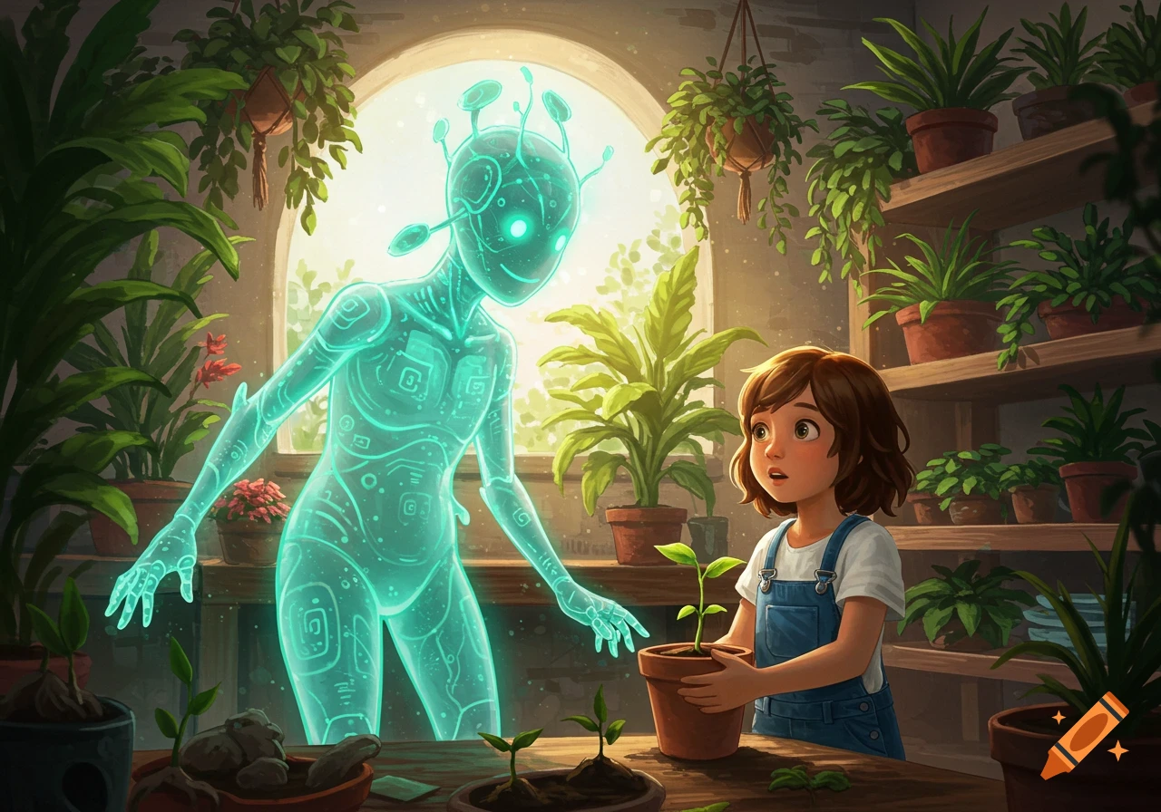 A glowing blue AI figure gently hovers near a young girl holding a potted plant in a sunlit room filled with various plants.