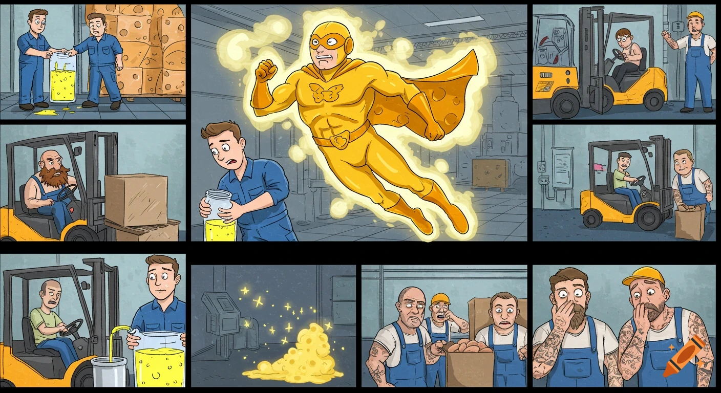 A multi-panel cartoon comic shows a factory worker spilling yellow liquid, transforming into a flying cheese superhero, and disrupting his bewildered coworkers.
