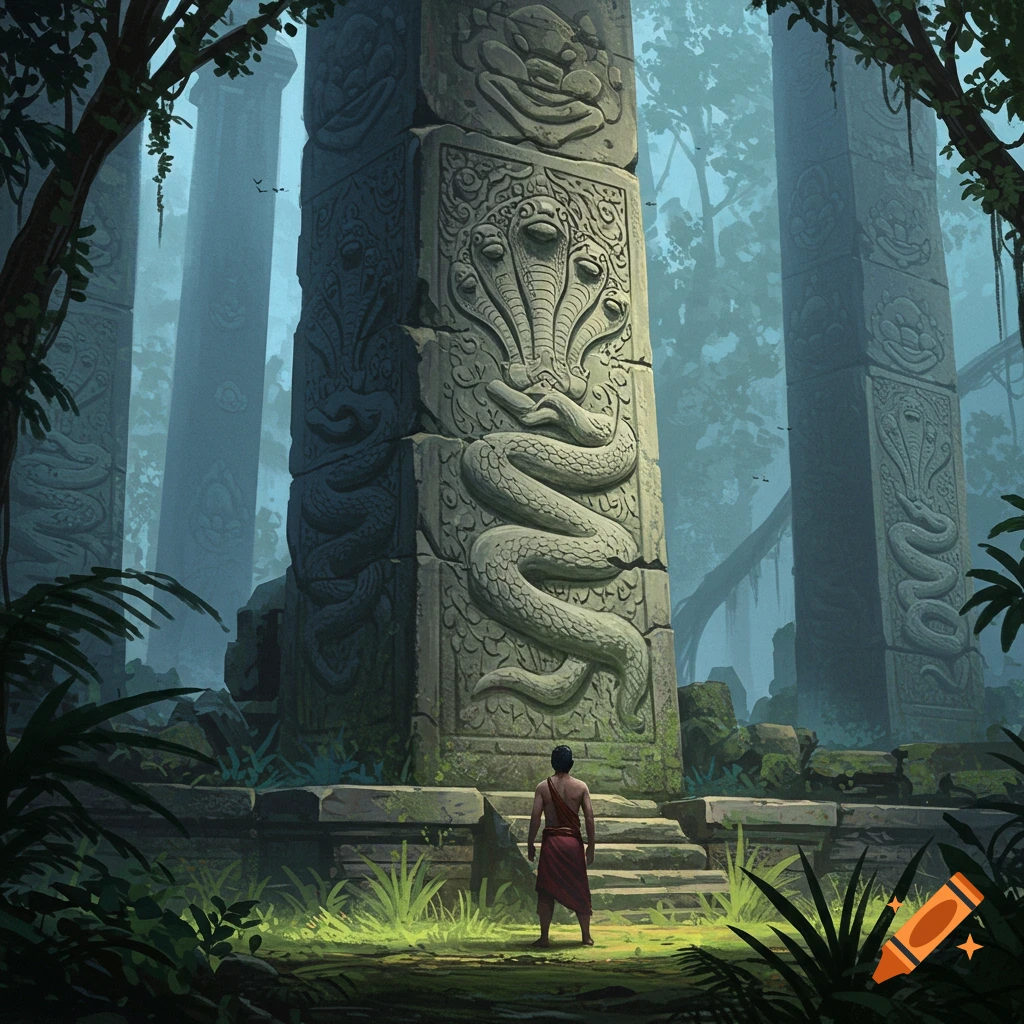 A man in a red sarong gazes at a tall stone temple pillar carved with multi-headed snakes and frogs, in lush, misty jungle ruins.