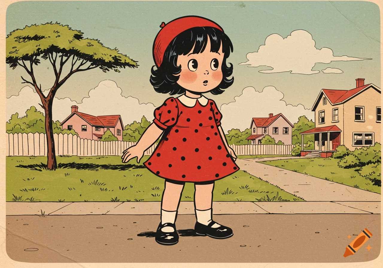 A vintage cartoon of a young girl in a red polka-dot dress and beret, standing on a sidewalk in a suburban neighborhood.