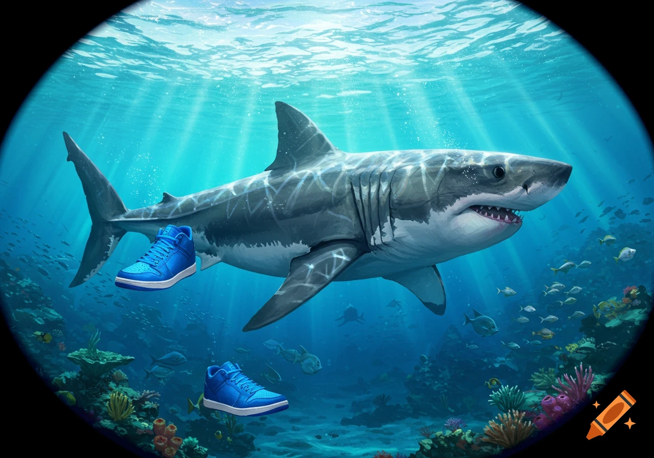 An illustrative image of a great white shark swimming underwater with two blue sneakers floating nearby.