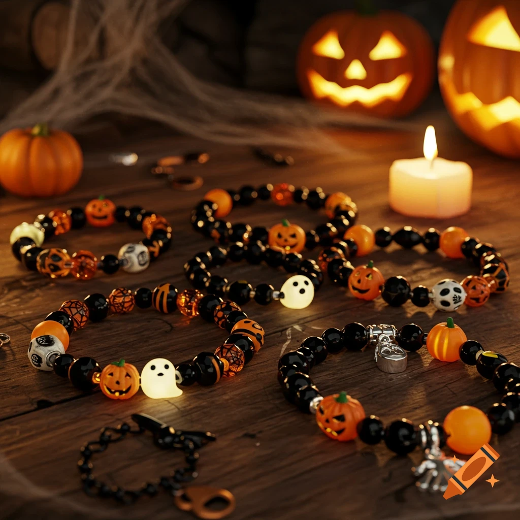 Halloween bead bracelets with pumpkin and ghost charms on a wooden table, surrounded by lit jack-o'-lanterns and a candle.