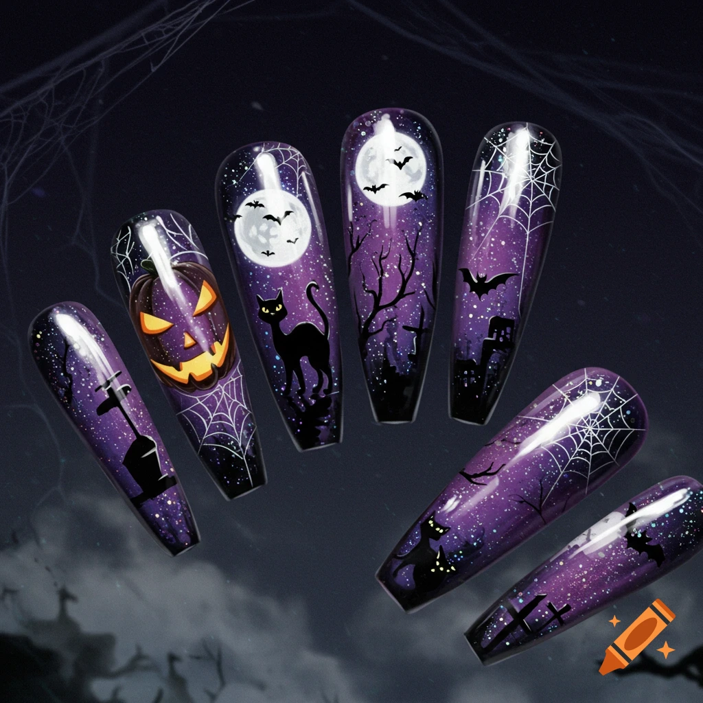 Halloween-themed coffin nails featuring pumpkins, black cats, bats, gravestones, and spiderwebs on a starry purple background.