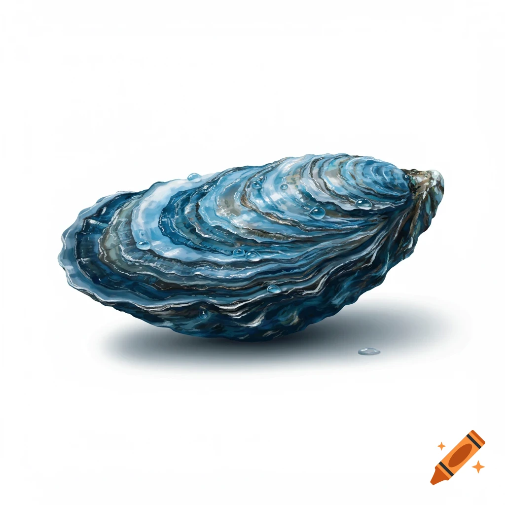 An illustrative blue oyster with water droplets on its shell, against a white background.