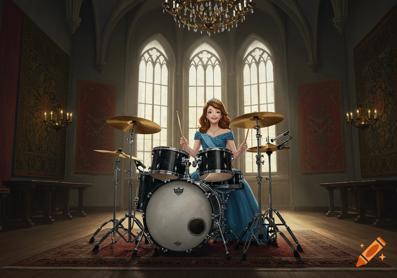 A cartoon princess in a blue dress and tiara plays a black drum set in a grand castle hall.