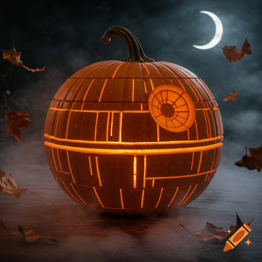 A photorealistic carved pumpkin shaped like the Death Star, glowing in a misty night with a crescent moon and falling leaves.