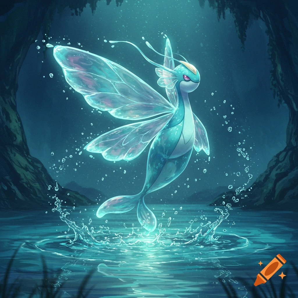 A luminous, light blue, fairy-like water creature with translucent wings rises from splashing water in a dark cave.