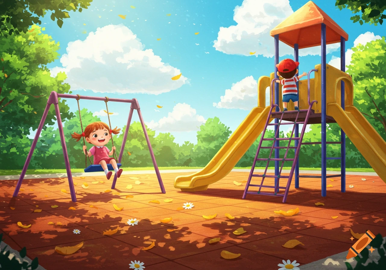 An animated girl swings while a boy stands atop a slide on a sunny playground with trees and clouds.
