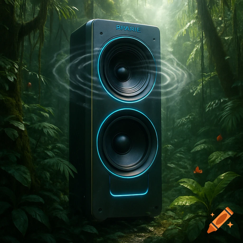A black speaker with blue glowing accents and two large woofers stands in a lush, humid jungle, emitting sound waves.