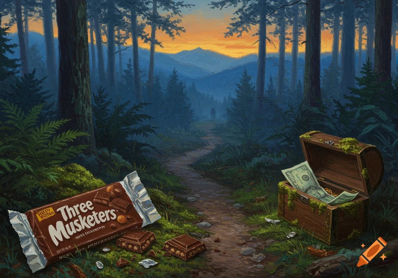 An impressionistic oil painting of a forest path at sunset with a Three Musketeers bar and a treasure chest with a $100 bill.