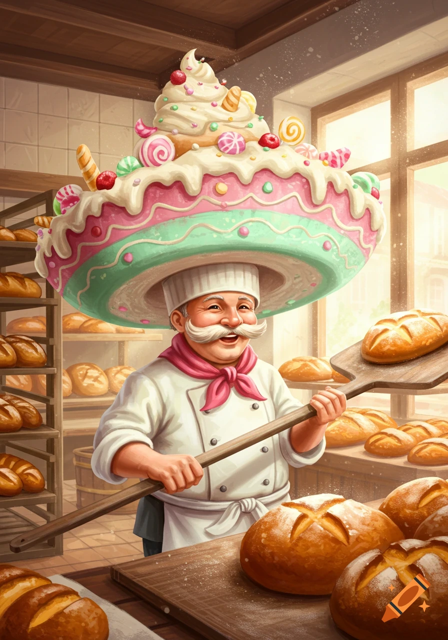 Whimsical illustration of a cheerful baker with a large cake-like sombrero hat, holding a bread shovel in a busy bakery.