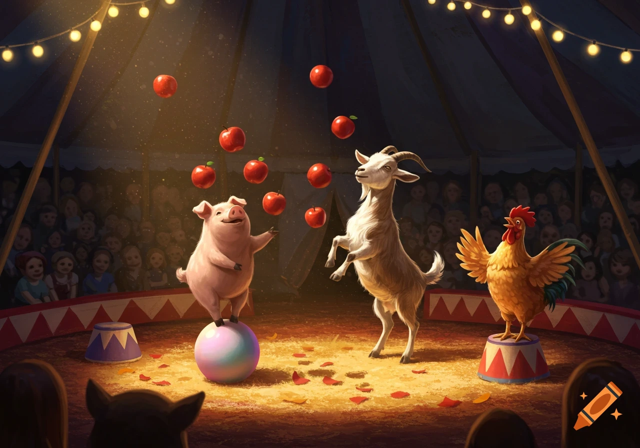 A whimsical illustration of a pig balancing on a ball, juggling apples with a goat and rooster performing on stage in a circus.